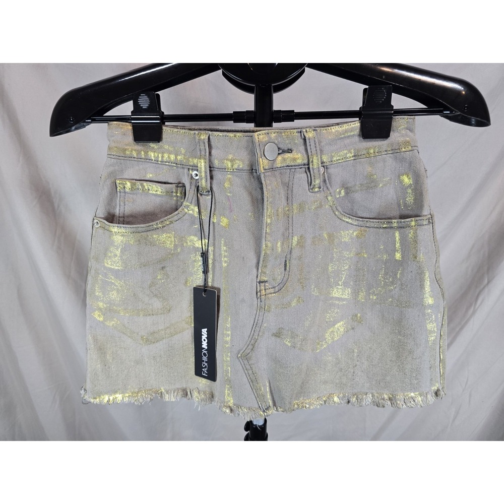NWT Fashion Nova Outta Focus foil denim mini skirt grey w/ gold Small S